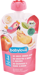 Bio gyümölcspüré őszibarack és banán almában, 1 éves kortól babylove