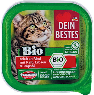 Krmivo pre mačky v miske bio hovädzie a teľacie mäso, hrášok a repkový olej Dein Bestes