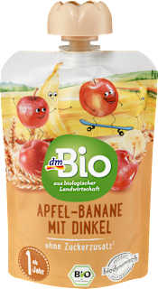 Bio gyümölcspüré alma banánnal és tönkölypehellyel, 1 éves kortól dmBio