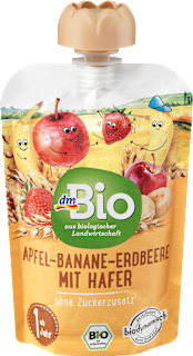 Bio gyümölcspüré alma-banán-eper zabpehellyel, 1 éves kortól dmBio