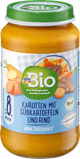 Menü Karotten mit Süßkartoffeln und Rind ab dem 8. Monat dmBio