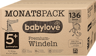 Premium pelene gaćice junior Jumbo Pack, vel. 5+ (11 – 18 kg) babylove