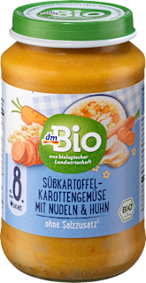 Omogeneizzato con patate dolci, carote, pasta di farro integrale e pollo dmBio