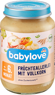 Bio bébidesszert gyümölcsök teljes értékű gabonapelyhekkel, 6. hónapos kortól babylove
