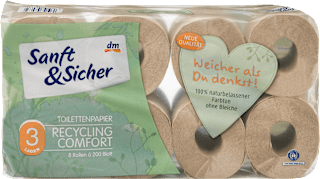 Recikliran toaletni papir, 3-slojni, 8x200 Sanft&Sicher