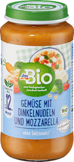 Vegetarisches Babymenü Gemüse mit Dinkelnudeln und Mozzarella dmBio