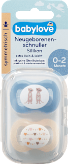 Schnuller für Neugeborene Silikon symmetrisch, blau/creme, 0-2 Monate babylove