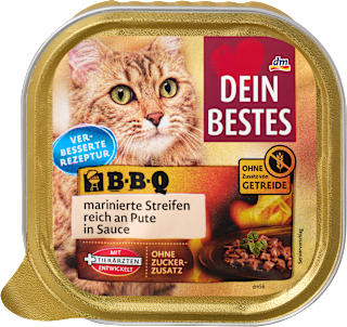 Krmivo pre mačky v miske BBQ marinované pásiky s morčacím mäsom v omáčke Dein Bestes