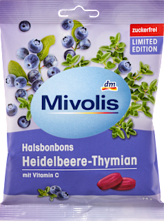 Tvrde bombone ukusa borovnice i timijana sa zaslađivačima i vitaminom C Mivolis