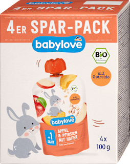 bio příkrm v sáčku jablko, broskev & oves 4x100g babylove