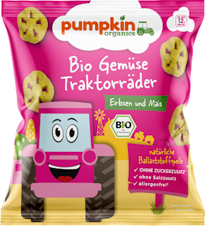 Kindersnack Gemüse Traktorräder Erbsen & Mais ab 12. Monaten pumpkin organics