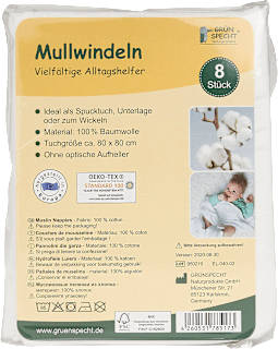 Mullwindeln, 80x80 cm, weiß  Grünspecht