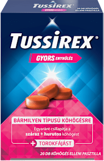 Száraz,hurutos köhögés elleni és torokfájás csillapító pasztilla Tussirex