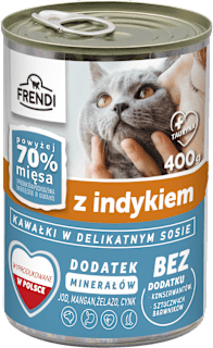 Mokra karma dla kota, kawałki w sosie z indykiem, puszka FRENDI