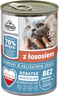 Mokra karma dla kota, kawałki w sosie z łososiem, puszka FRENDI