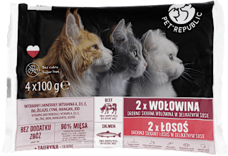Mokra karma kota Adult, łosoś i wołowina, saszetka, (4x100g) PetRepublic