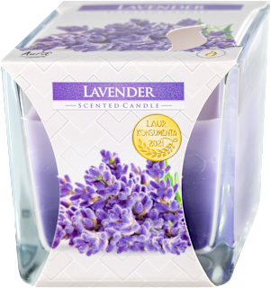Trobojna sveća u kvadratnom staklu - lavanda Aura Fragrances Candles