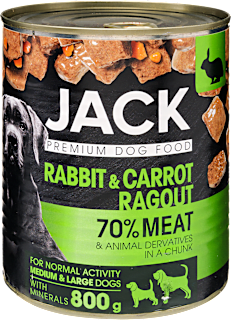Teljes értékű állateledel, nyúl-répa ragu, felnőtt kutyáknak JACK
