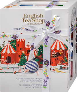 Díszdobozos teaválogatás, Karácsonyi fehér "British Toys" selyempiramis filteres bio teaválogatás, 4x3 db filter English Tea Shop