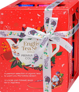 Díszdobozos teaválogatás, Karácsonyi piros mikulás selyempiramis filteres bio teaválogatás, 4x3 db filter  English Tea Shop