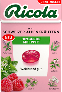 Bonbons Schweizer Alpenkräuter Himbeere Melisse zuckerfrei Ricola