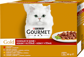 Gold konzervy pro kočky hovězí, krůta a kachna, losos a kuře, kuře a játra ve šťávě 12x85g PURINA GOURMET