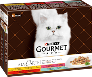 Nassfutter Katze, Huhn, Forelle, Rind & Seelachs, à la carte - Rezepte des Küchenchefs, Multipack (8x85  g) Purina Gourmet