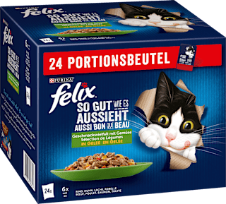 Nassfutter Katze, gemischte Vielfalt mit Gemüse in Gelee, Multipack (24x85g) Felix