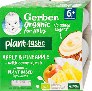 Bio kókusztej alapú alma-ananász poharas bébidesszert 6 hónapos kortól Gerber Organic