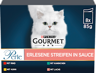 Nassfutter Katze mit Rind, Huhn, Kaninchen & Lachs, Perle - erlesene Streifen, Multipack (8x85 g) Purina Gourmet