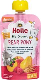 Quetschie Pear Pony Birne, Pfirsich & Himbeere mit Dinkel ab dem 8. Monat Holle