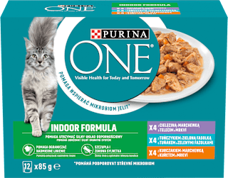 Indoor kapsičky pro kočky s telecím a mrkví, s kuřetem a mrkví, s tuňákem a fazolkami 12x85g, Multipack PURINA ONE