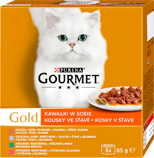 Gold konzervy pro kočky kachna, pstruh, králík, telecí ve šťávě 8x85g PURINA GOURMET