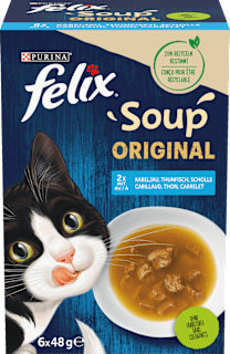 Nassfutter Katze mit Kabeljau, Thunfisch, Scholle, Soup Original, Multipack (6x48g) Felix