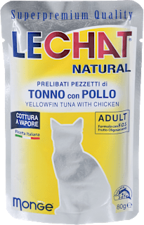 Dopolnilna mokra hrana za odrasle mačke tuna in piščanec LECHAT NATURAL