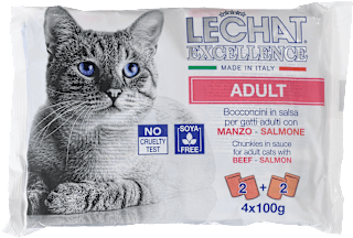 Multi pakiranje mokre hrane za odrasle mačke Govedina + Losos, 4x100 g LECHAT EXCELLENCE