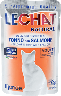Dopolnilna mokra hrana za odrasle mačke - tuna in losos LECHAT NATURAL
