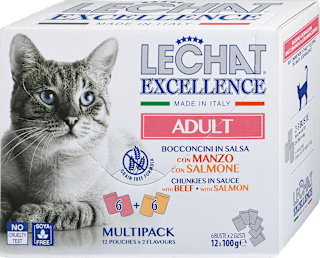 Multi pakiranje mokre hrane za odrasle mačke Govedina + Losos, 12x100 g LECHAT EXCELLENCE