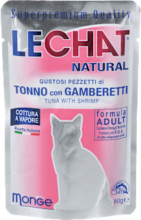Dopolnilna mokra hrana za odrasle mačke tuna in kozice LECHAT NATURAL