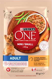 ONE MINI ADULT kompletna vlažna hrana za odrasle pse - piletina, šargarepa i boranija PURINA ONE