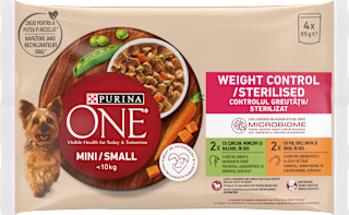 kapsičky pro psy Weight Control/Sterilised s kuřetem a krůtou ve šťávě 4x85 g PURINA ONE
