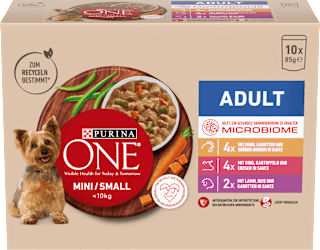 Nassfutter Hund mit Huhn, Rind, Truthahn & Lamm, Mini für kleine Rassen, Multipack (10x85 g) PURINA ONE