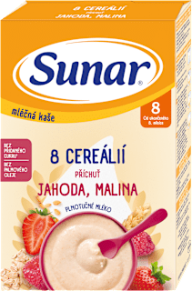mléčná kaše 8 cereálií Jahoda a Malina Sunar