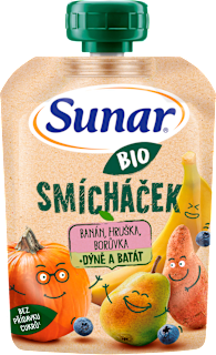 BIO příkrm v sáčku Smícháček banán, hruška, dýně, batáty a borůvky Sunar