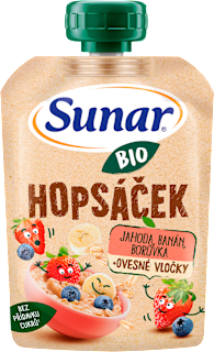 BIO příkrm v sáčku Hopsáček jahoda, banán, borůvka a ovesné vločky Sunar