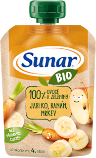 BIO ovocná kapsička jablko, banán, mrkva 4m+ Sunar