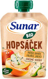BIO ovocná kapsička Hopsáček mango, banán, hruška a ovsené vločky Sunar