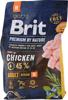 Granuly pre dospelé psy Premium By Nature s kuracím mäsom 45 %, medium M Brit