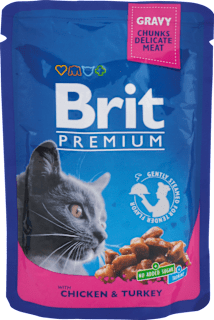 Krmivo pre dospelé mačky v kapsičke Premium s kuracím a morčacím mäsom v omáčke Brit