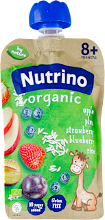 organic voćna kašica - jabuke, šljive, jagode i borovnice sa pirinčem i dodatkom vitamina C, od 8. meseca Nutrino